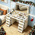 White Glass Top Vanity Desk with Mirror and Lights, 11 Drawers U58369