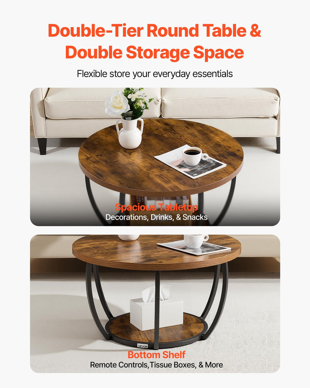 Round Coffee Table, 31.5" 2 Tiers Wooden with Metal Frame, Rustic Brown G962971