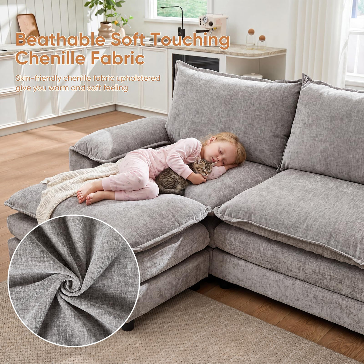 Light Gray Chenille 2 Seater Sofa with Pillows S4405