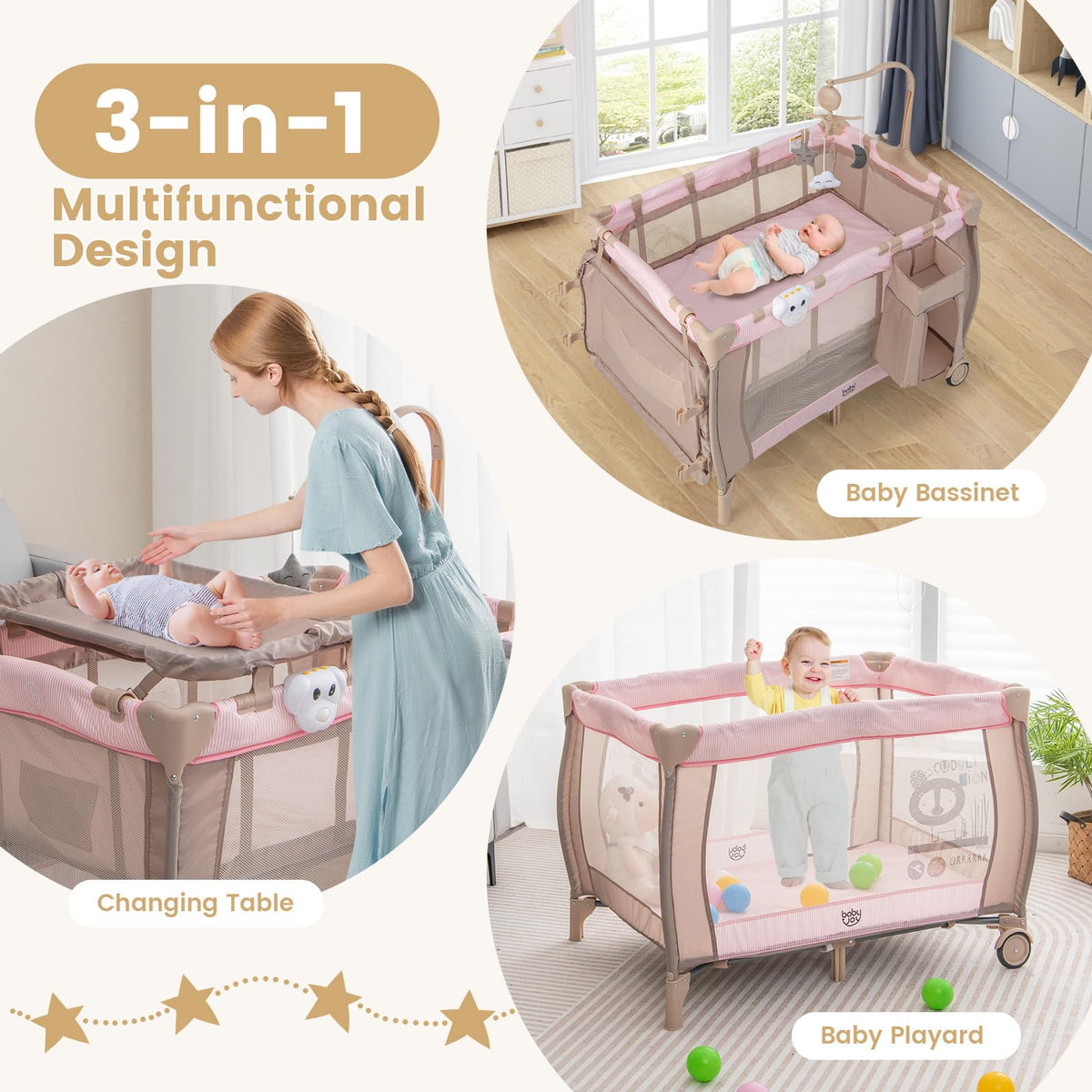 3 in 1 Pink Pack and Play with Bassinet K49758