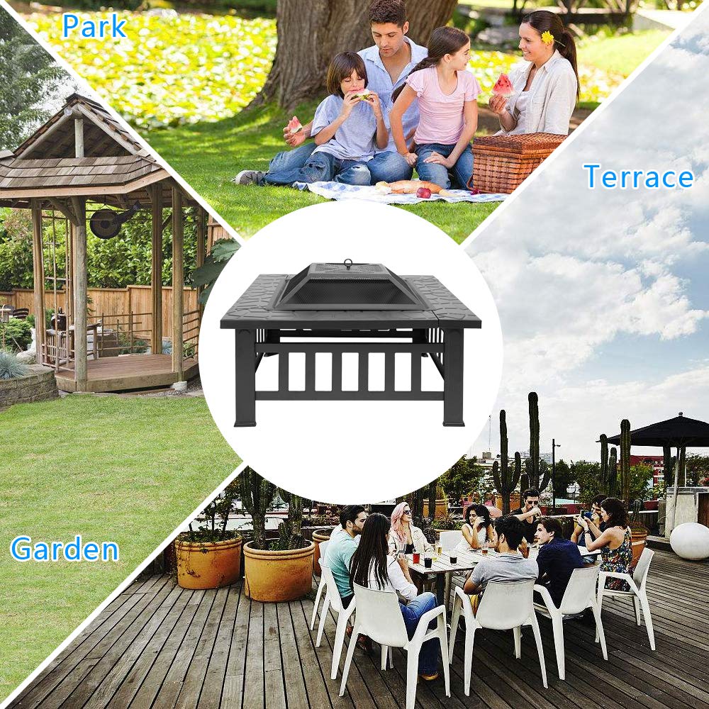 32in Square Metal Wood Burning Fire Pit with Spark Screen K93655