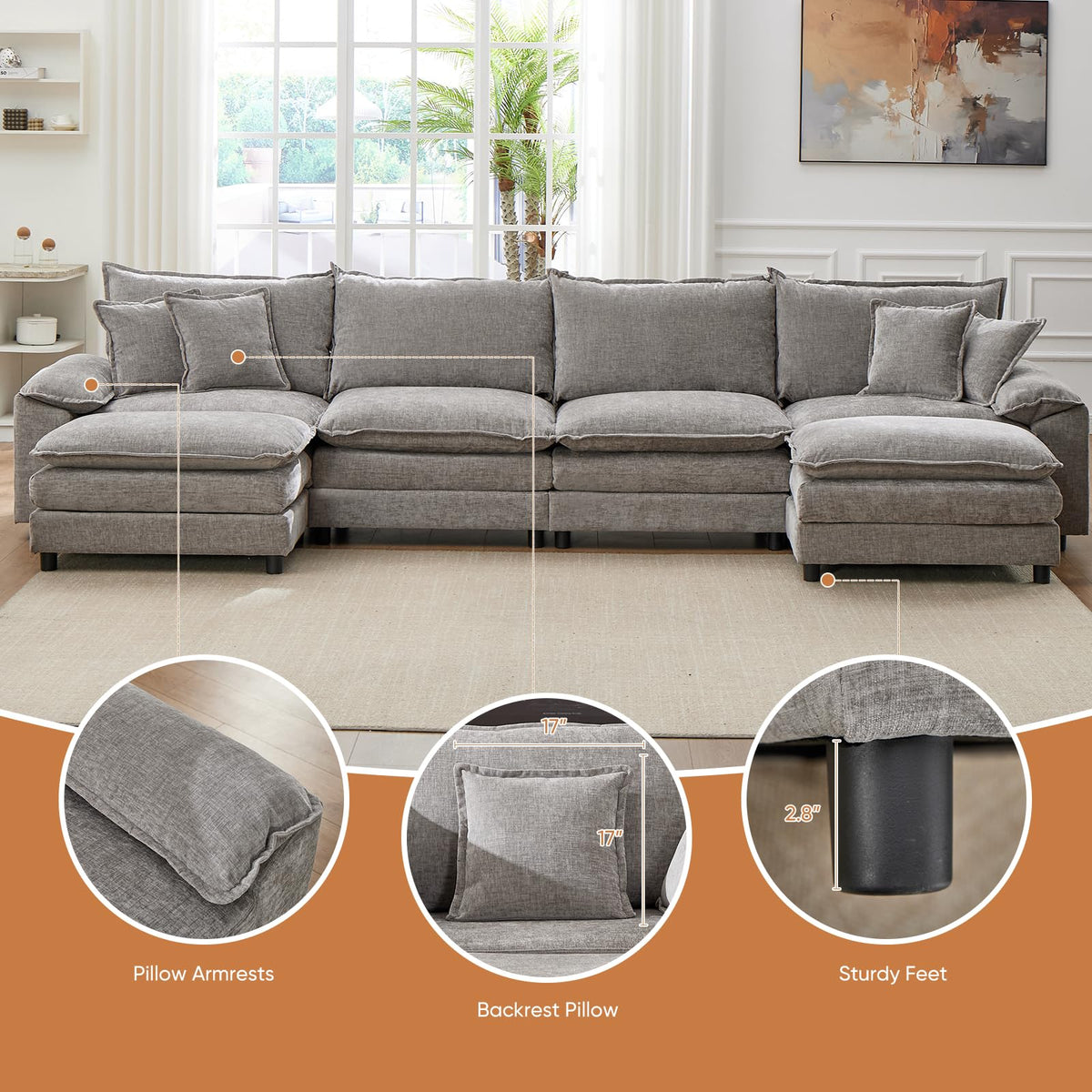Light Gray Chenille 2 Seater Sofa with Pillows S4405