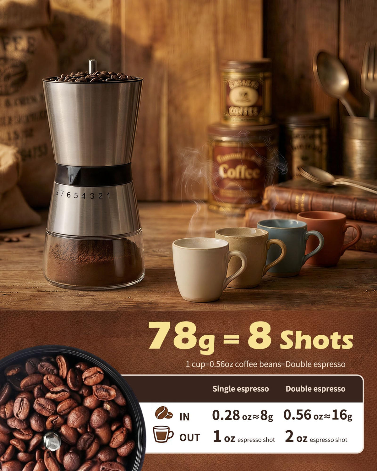 Manual Coffee Grinder with Handle Crank, Ceramic Burr H523590