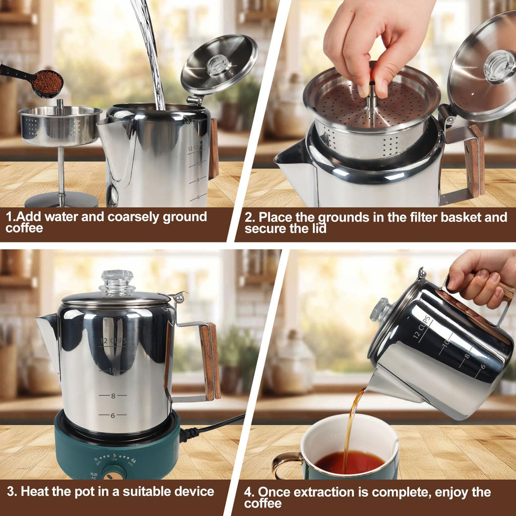 12 Cup Stainless Steel Stovetop Percolator Coffee Pot 2200ml D835