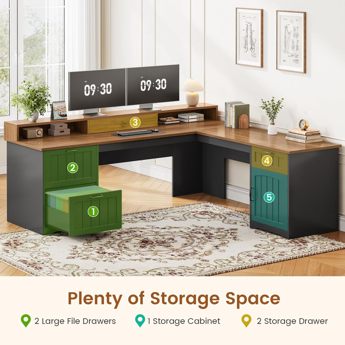 63" L Shaped Desk with Drawers and Storage Cabinet U535