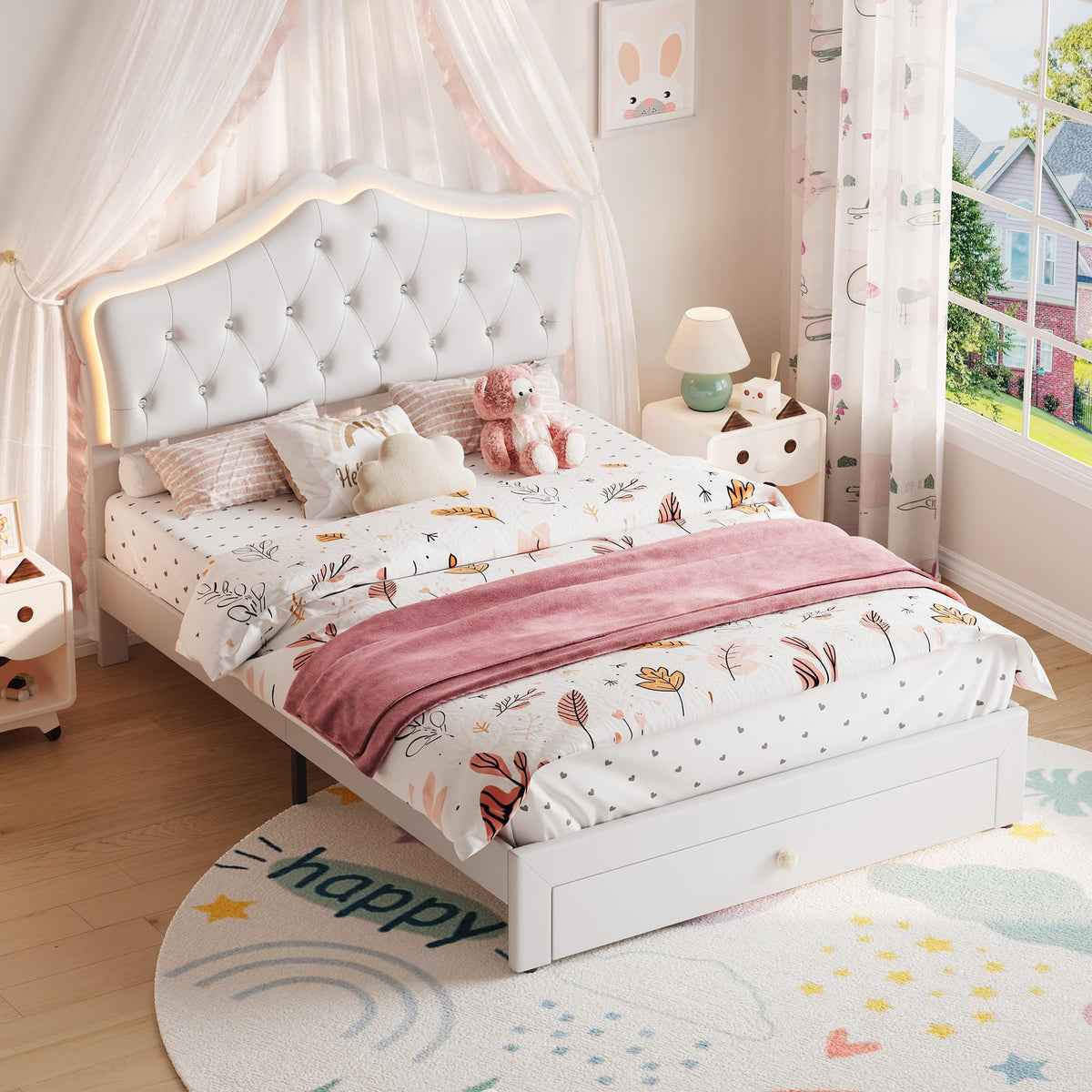 Beige Full Size Bed Frame with LED Lights Headboard W414