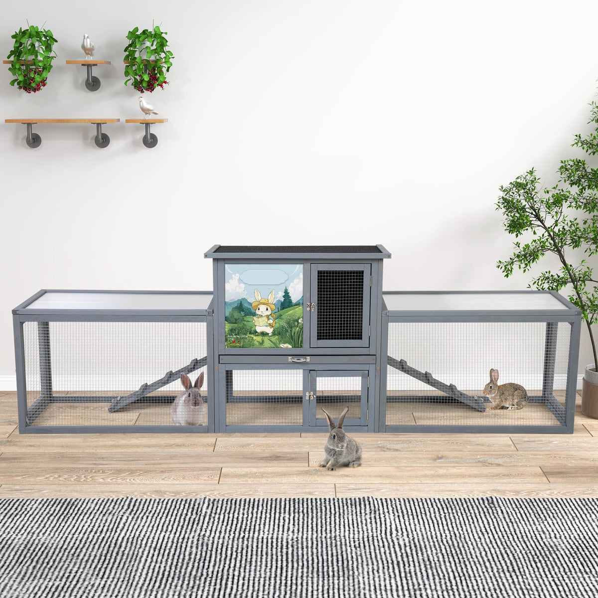 94.5" 2-Story Wooden Rabbit Hutch with Pull-Out Tray K9492