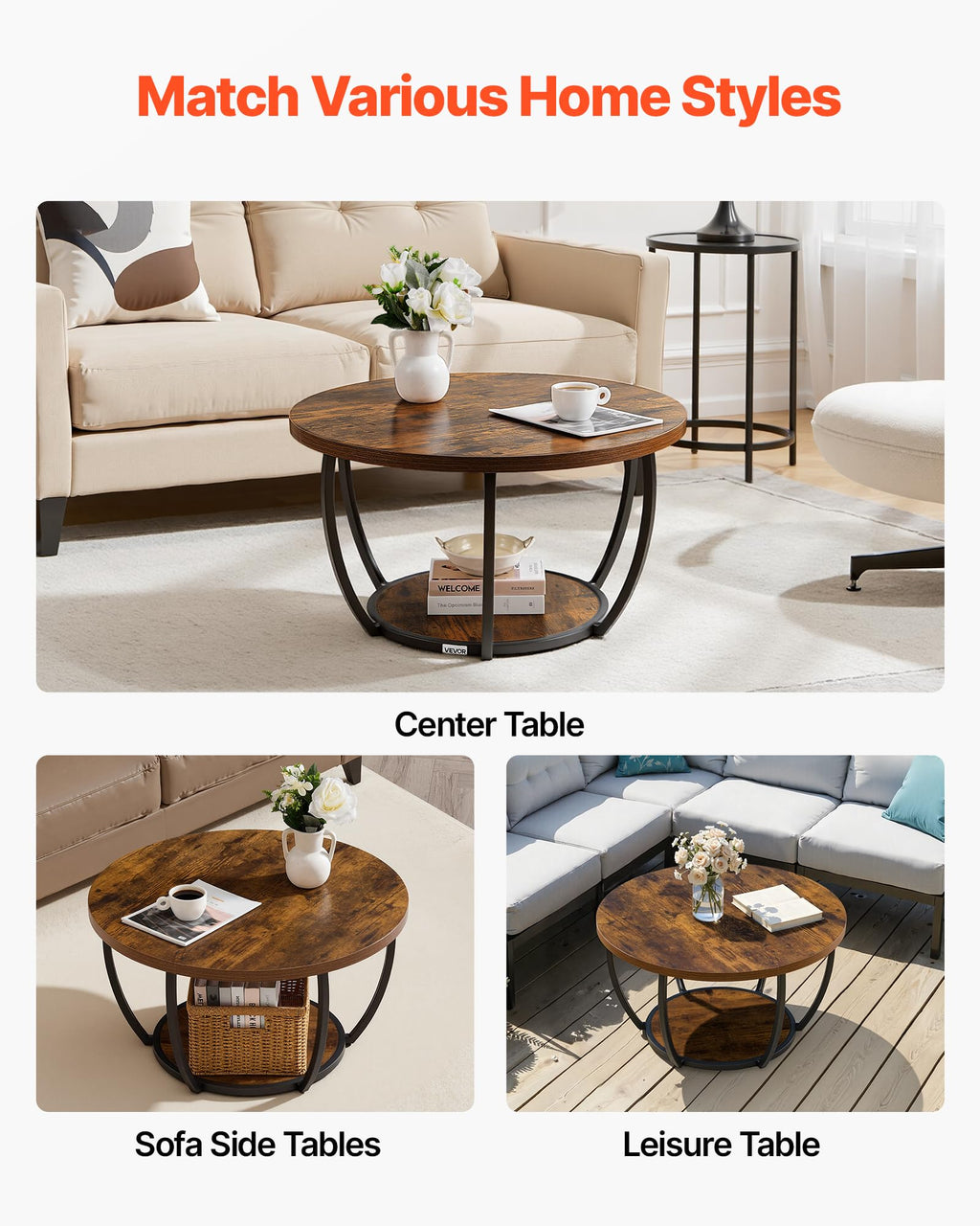 Round Coffee Table, 31.5" 2 Tiers Wooden with Metal Frame, Rustic Brown G962971
