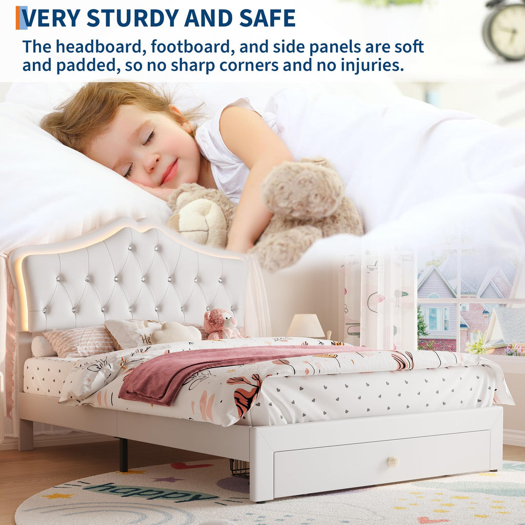 Beige Full Size Bed Frame with LED Lights Headboard W414