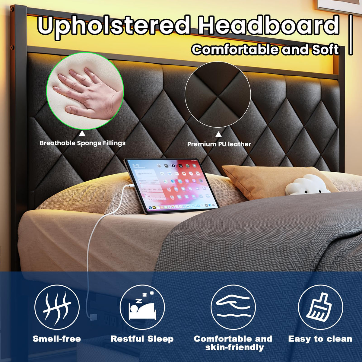 Full Size Black Metal Bed Frame with LED Lights & Charging Station B88139
