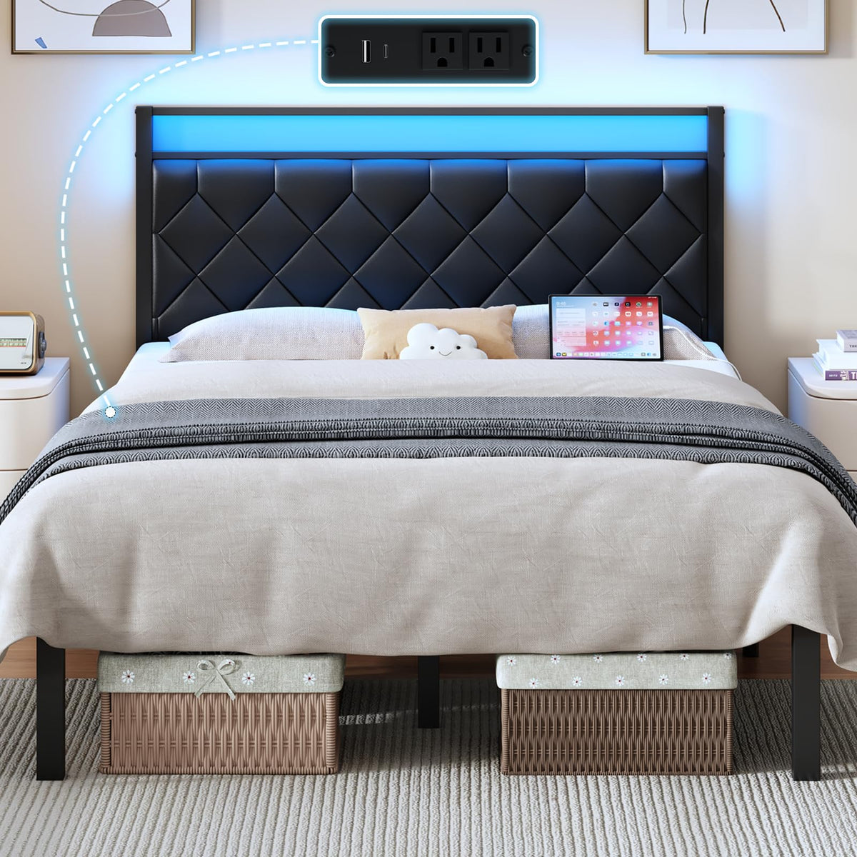 Full Size Black Metal Bed Frame with LED Lights & Charging Station B88139