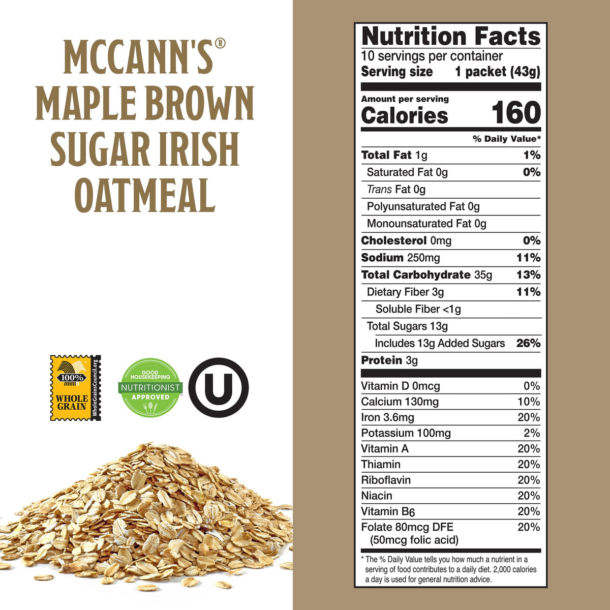 Instant Irish Oatmeal, Maple & Brown Sugar, 10 Packets P3835