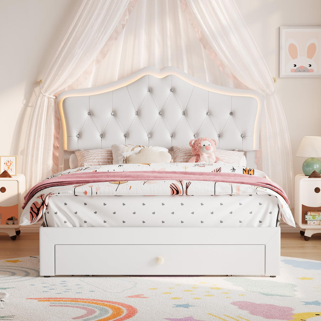 Beige Full Size Bed Frame with LED Lights Headboard W414