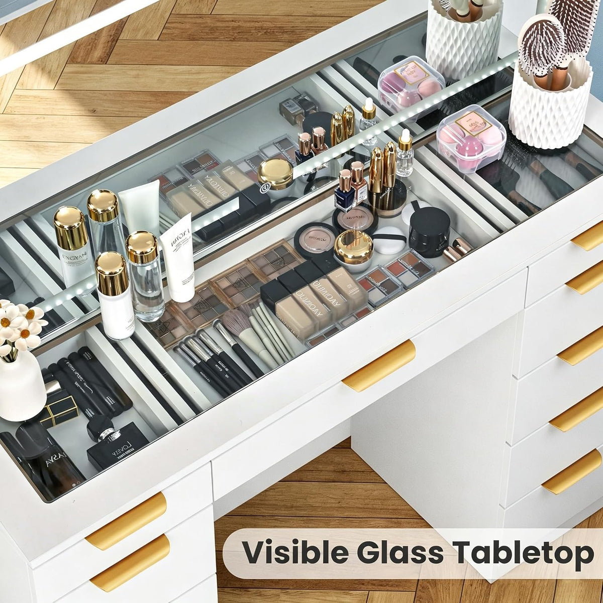 White Glass Top Vanity Desk with Mirror and Lights, 11 Drawers U58369