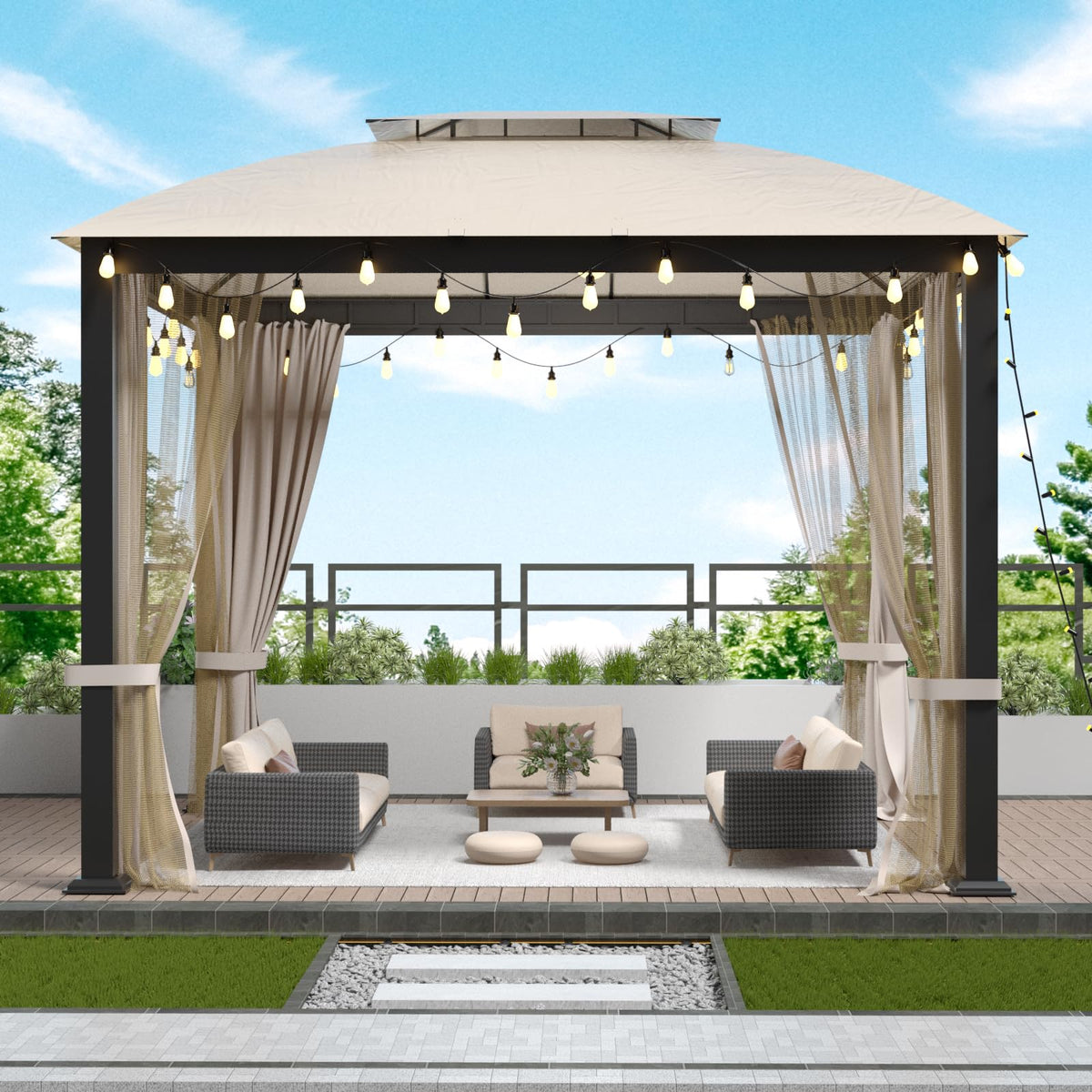 10x10 FT Soft Top Gazebo Canopy with Mosquito Netting & Privacy Curtains N52197