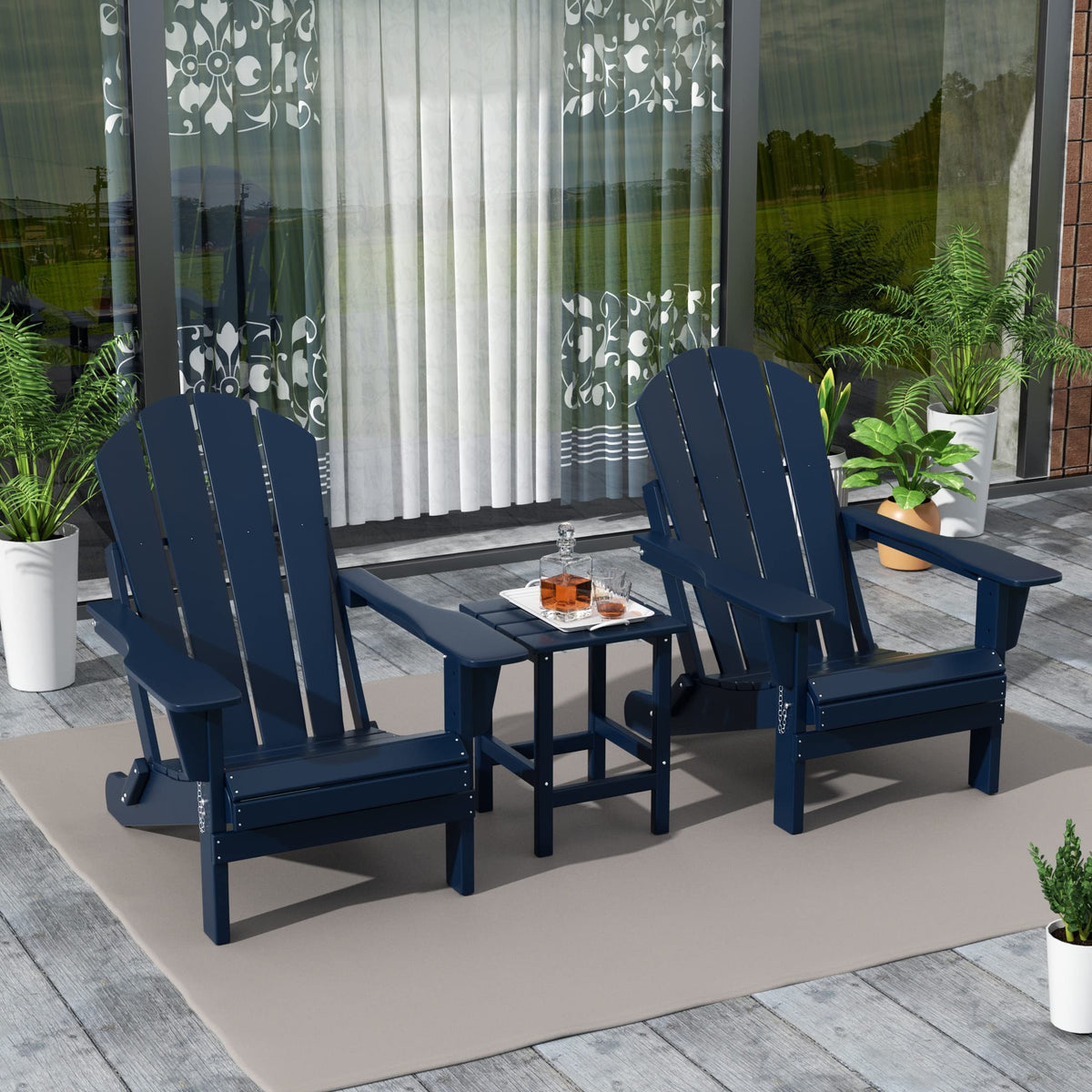 Navy Blue 3-Pieces Adirondack Chairs Set with Side Table P106