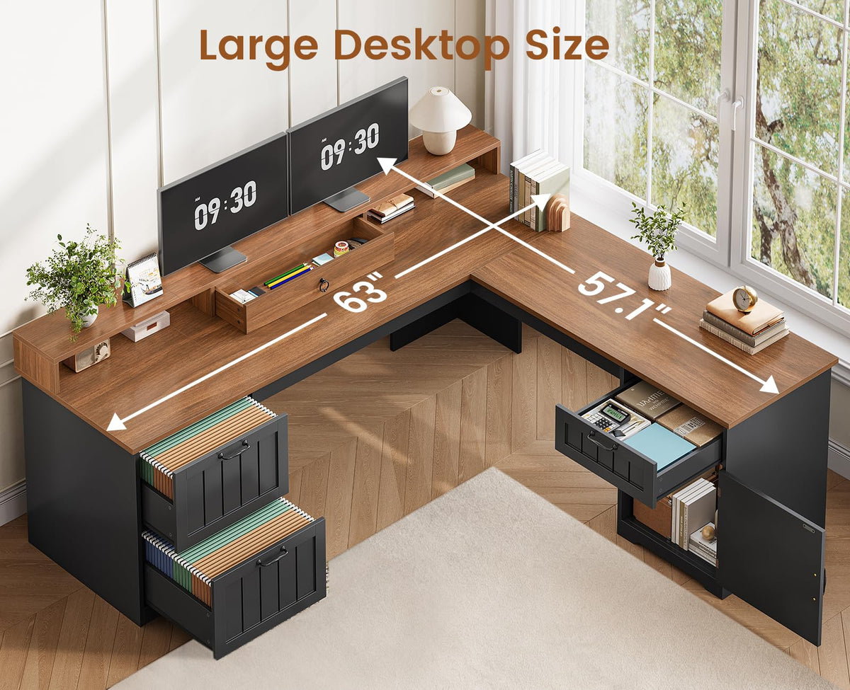 63" L Shaped Desk with Drawers and Storage Cabinet U535