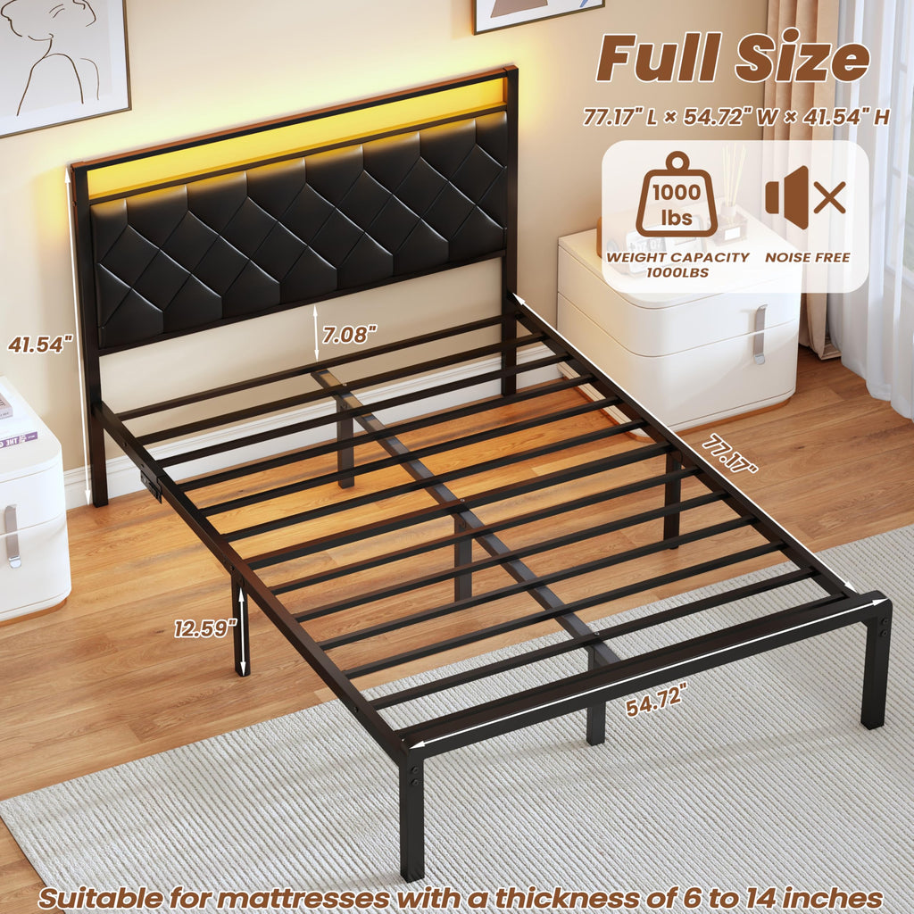 Full Size Black Metal Bed Frame with LED Lights & Charging Station B88139