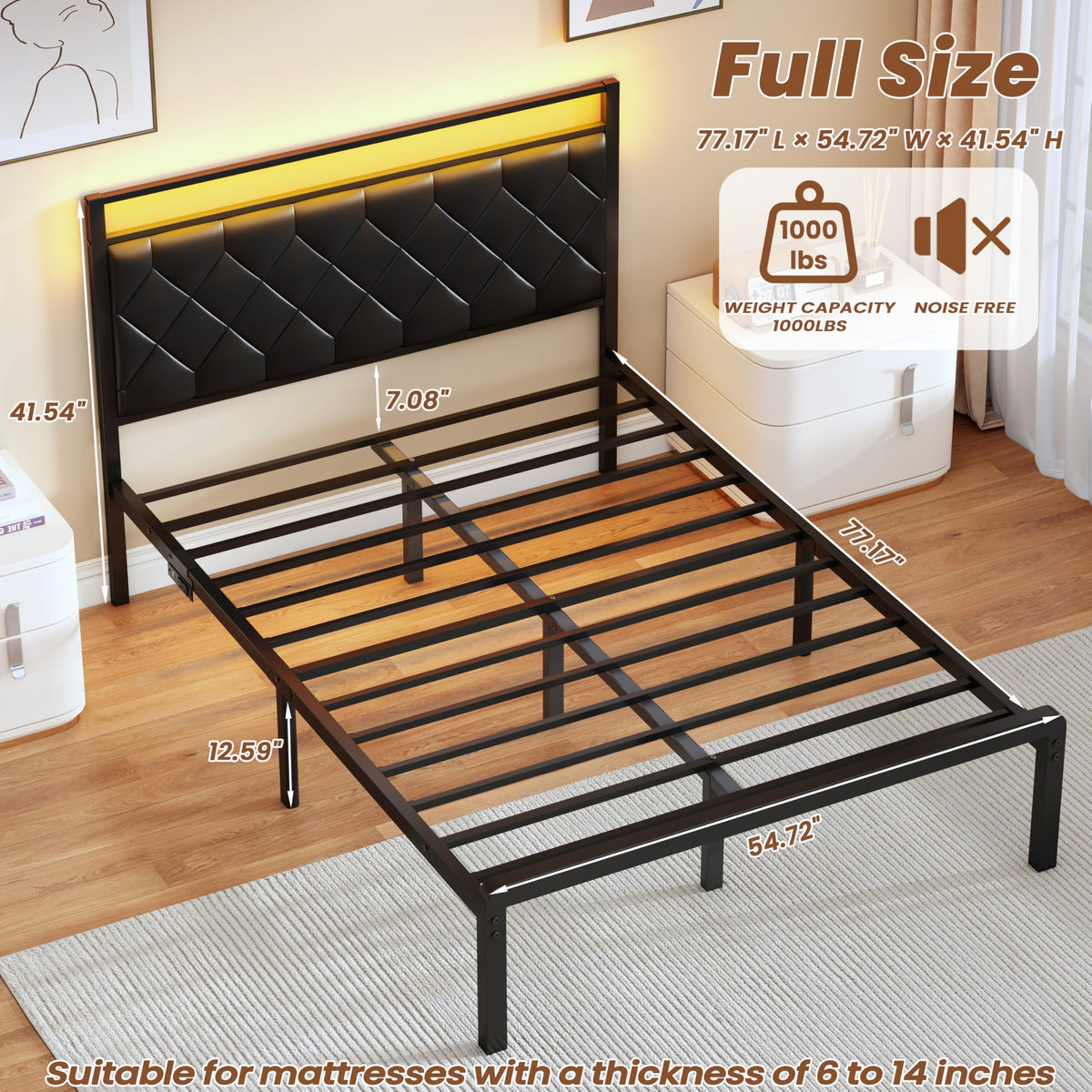 Full Size Black Metal Bed Frame with LED Lights & Charging Station B88139