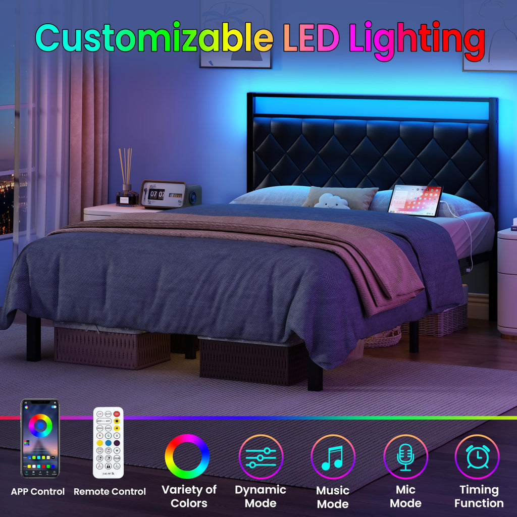 Full Size Black Metal Bed Frame with LED Lights & Charging Station B88139