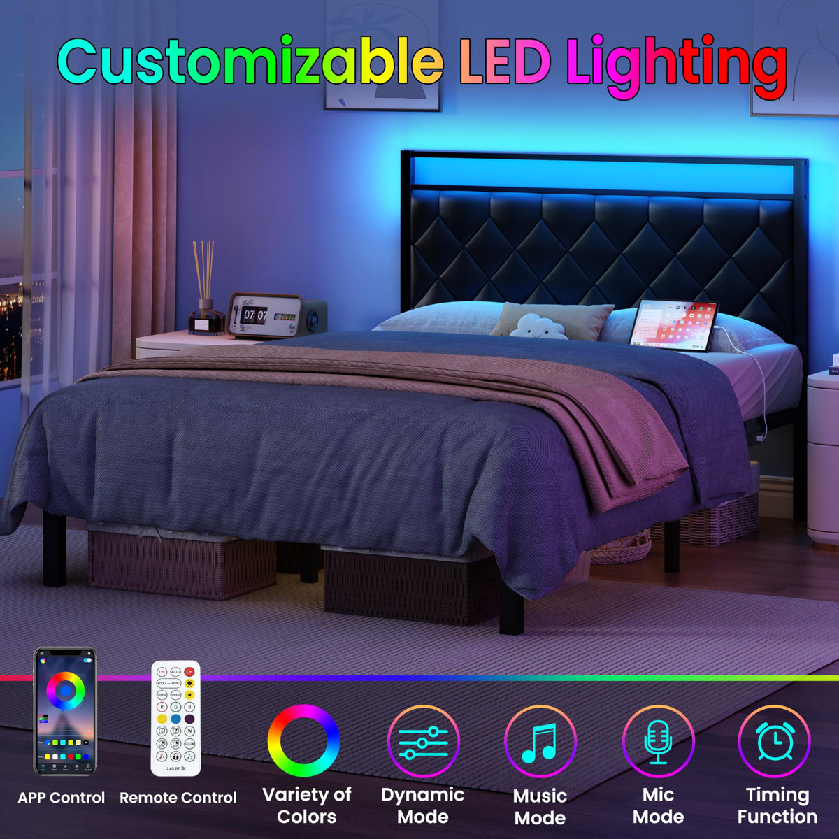 Full Size Black Metal Bed Frame with LED Lights & Charging Station B88139